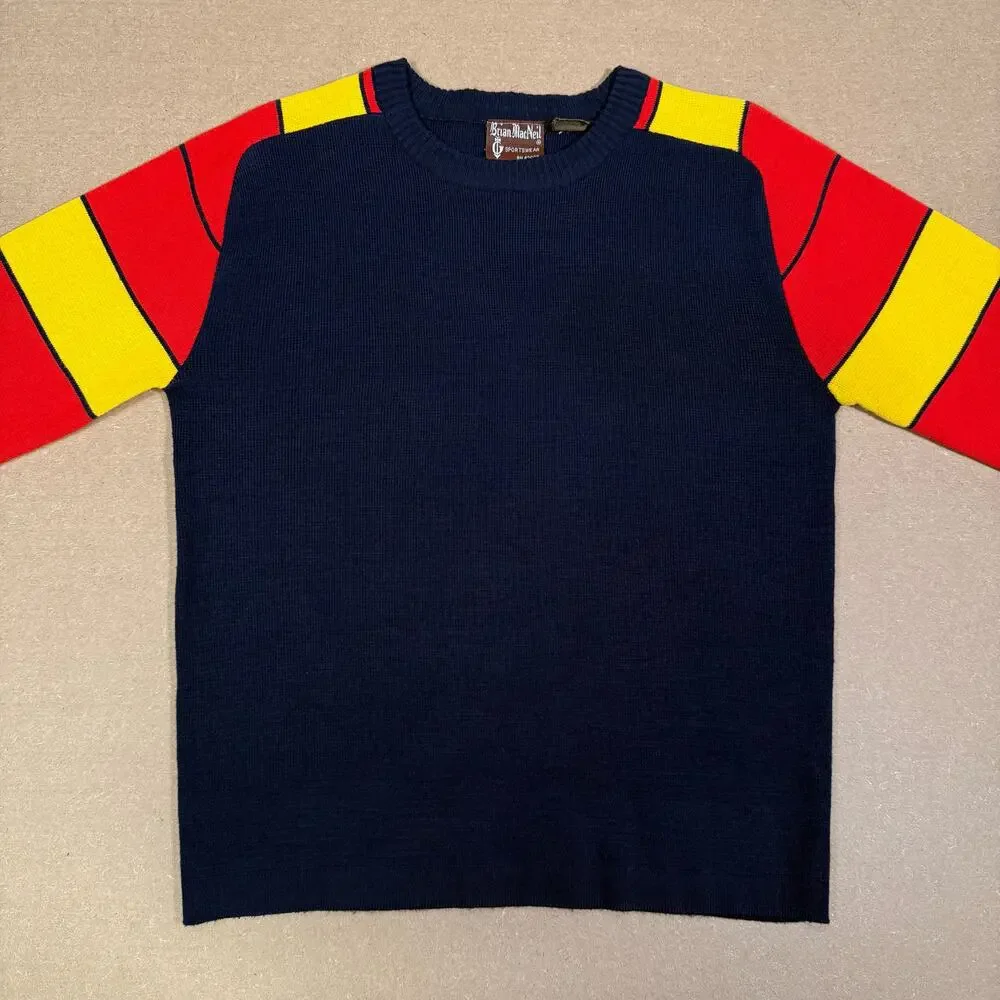 Vintage 80s Color Block Acrylic Sweater Navy Red Yellow Size S Made in Taiwan